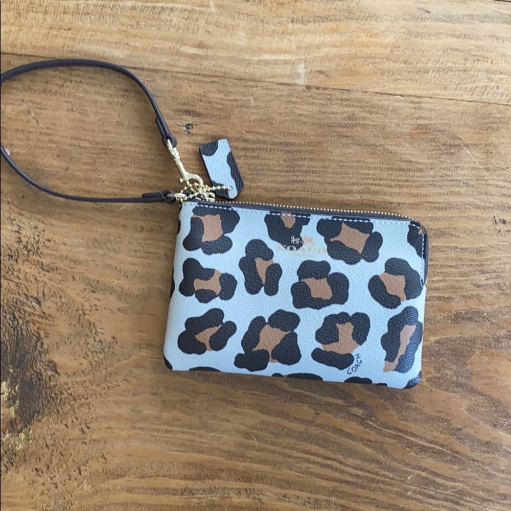 Coach leopard print leather wristlet wallet